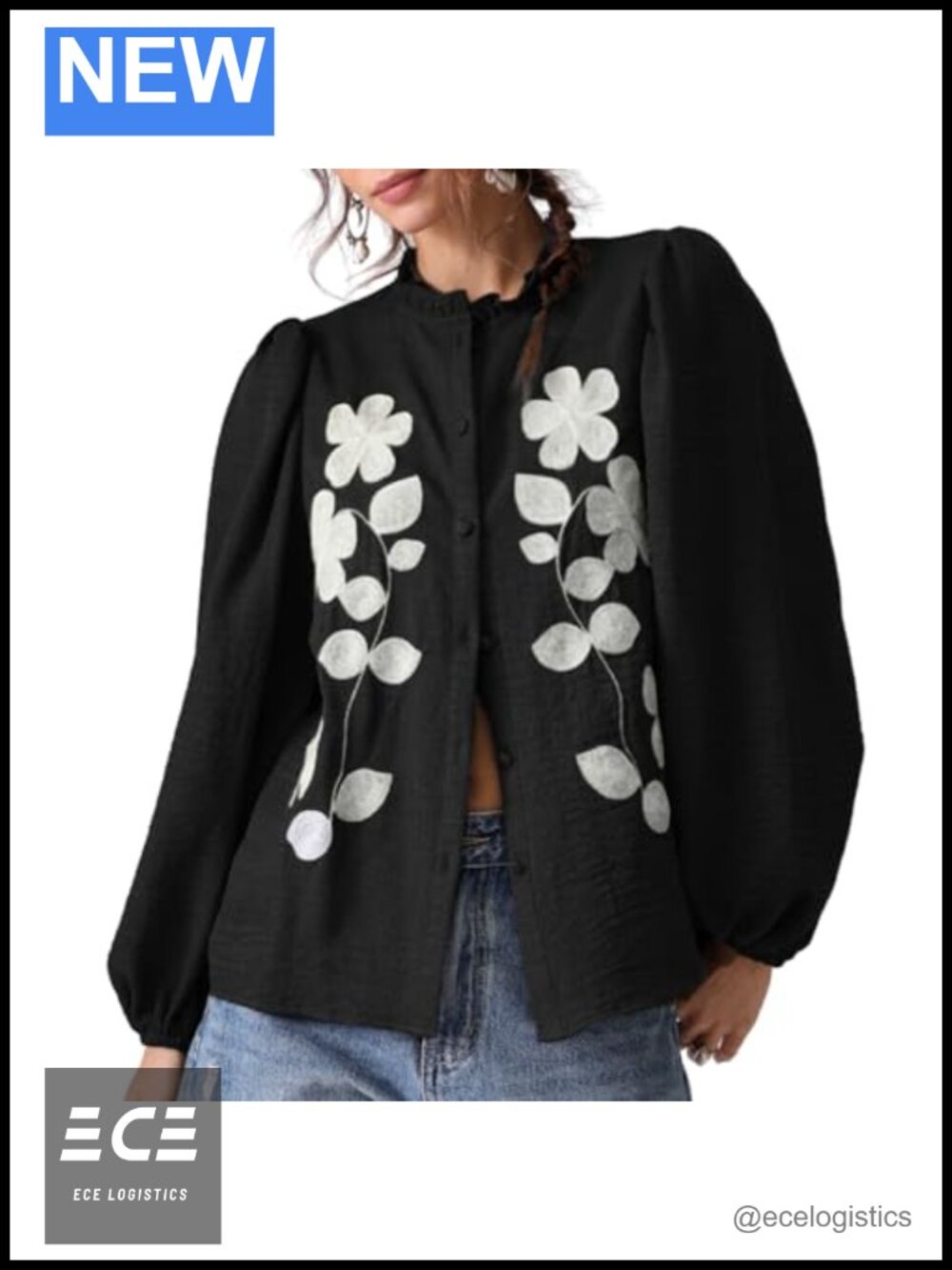 Boho Floral Embroidered Linen Button Down Blouse Puff Sleeve Peasant Top